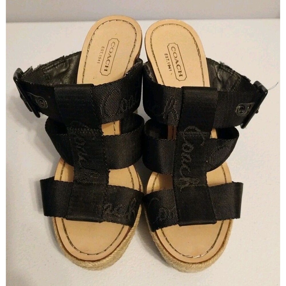 Coach Black Espadrille Wedge Slides 4.5” Logo Strap Mule Sandals 6.5B